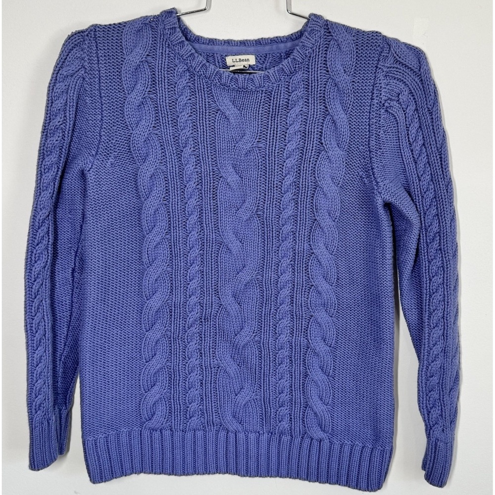 LL Bean Double L Cotton Cable Fisherman Knit Pullover Sweater Periwinkle Sz Med